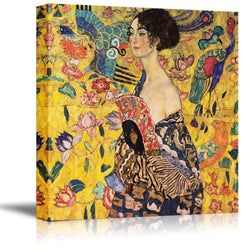 Woman with Fan by Gustav Klimt - Canvas Wall Art Famous Fine Art Reproduction| World Famous Painting Replica on Wrapped Canvas Print Wood Framed & Ready to Hang - 24" x 24"