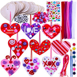 36 Sets Valentine's Day DIY Assorted Wood Heart Ornament Craft Kit Unfinished Paintable Wooden Heart Cutouts Stickers Metallic Chenille Stems Pom-Poms Googly Eyes for Kids Classroom Party Decoration