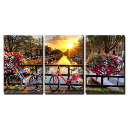 wall26 - 3 Piece Canvas Wall Art - Beautiful Sunrise Over Amsterdam, The Netherlands, with Flowers and Bicycles - Modern Home Decor Stretched and Framed Ready to Hang - 24"x36"x3 Panels