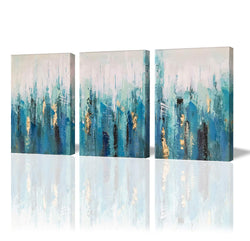 Paimuni Blue Abstract Modern Canvas Print 3 Panel with Embellishment Gold Foil Wall Pictures for Home Decoration, Ready to Hang