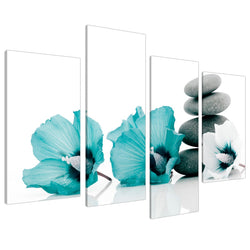 Large Teal Grey and White Lily Floral Canvas Wall Art Pictures - Split Set of 4 - Big Modern Flower Prints - Multi Panel Artwork - XL - 130cm Wide