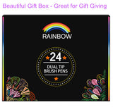 Rainbow Premium Dual Tip Pens - 24 Unique Watercolors - Gift Box - Fineliner & Brush Tips - Water Based Ink - Non Bleed - Art Marker Set for Coloring, Journaling, Sketching, Lettering, Calligraphy