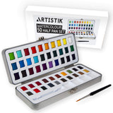 Artistik Watercolor Paint Set - 50 Colors in Half Pan Palette and Portable Metal Tin Premium Quality Assorted Vivid Color Paints with Paint Brush for Kids, Beginners Students & Artists