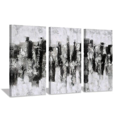 Hardy Gallery Black & White Abstract Wall Art: Hand Painted Painting Abstract City Skyline Picture for Living Room (26'' x 16'' x 3 Panels)