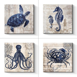 Pinetree Art 4 Panel Bathroom Wall Art Decor - Ocean Theme Canvas Prints Sea Animal Octopus Seahorse Crab Turtle Pictures Livingroom Posters - 12 x 12 x 4 pcs (12" x 12" x 4pcs)