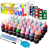 Fabric Paint, 45 Colors 3D Fabric Permanent Paint with 3 Brushes 1 Palette 1 Fabric Pen 1 Fabric sheet 4 Stencils, Glow in The Dark, Glitter, Metallic Colors for Textile Fabric T-Shirt Glass Wood
