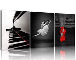 NAN Wind 3 Pcs Dance Canvas Prints Black and White Red Ballet Shoes Piano Keyboard Wall Art Ballet Dancer Girl Wall Decor Paintings on Canvas Stretched and Framed Ready to Hang for Home Decor