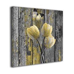 Art-Logo 12"x12" Rustic Tulip Flowers Butterfly Yellow Gray Comtemporary Canvas Wall Art Photo Printed On Canvas Framed Artwork for Office Wall Decoration Ready to Hang