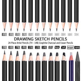 Professional Drawing Sketching Pencil - 24 Piece Artist Pencils Kit Includes Graphite, Charcoal and Eraser Pencils(7H-14B), Shading Graphite Pencils for Adults Kid Beginners Pro Artists