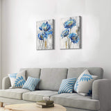 Blue Flower Canvas Wall Art: Bloom Artwork Floral Painting Print on Canvas for Bedroom Living Room (24'' x 18'' x 2 Panels)