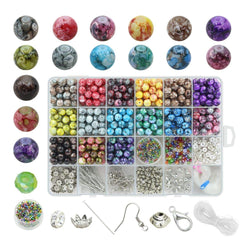 Beads for Jewelry Making Adults 8mm Assorted Colors Handcrafted Crackle Round Glass Beads 375pcs with Jewelry Accessories and Elastic String for Jewelry Making with Container Box