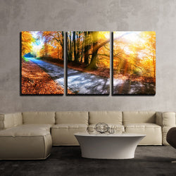 wall26 - 3 Piece Canvas Wall Art - Panoramic Autumn Landscape with Country Road in Orange Tone - Modern Home Decor Stretched and Framed Ready to Hang - 24"x36"x3 Panels