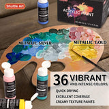 Acrylic Paint Set, Shuttle Art 36 Colors (60ml, 2oz) with 3 Brushes & 1 Palette, Craft painting, Rich Pigments,Non-Toxic for Artists,Beginners and Kids on Rocks, Crafts, Canvas,Wood, Fabric, Ceramic
