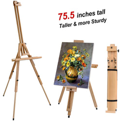 T-SIGN Wood Painting Easel Stand, Portable Art Floor Tripod Beech Easel, Foldable Design, Adjustable Height 36.5 to 75.5 Inches, Adjustable Large Tray for Painting, Sketching, Display