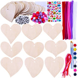 36 Sets Valentine's Day DIY Assorted Wood Heart Ornament Craft Kit Unfinished Paintable Wooden Heart Cutouts Stickers Metallic Chenille Stems Pom-Poms Googly Eyes for Kids Classroom Party Decoration