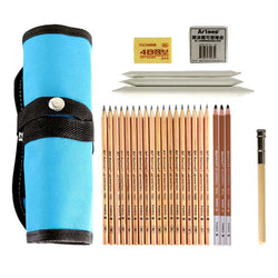 Rayauto 18 Pieces Pen Charcoal Sketch Set Sketching Pencil Set of Pencils Eraser Craft Pencil Extender Roll up Canvas Carry Pouch Pro Art Supply for Beginners Artist