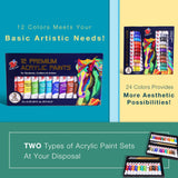 24 Colors(9.5ml/Tube) Acrylic Paints for Artists(22 Basic & 2 Metallic Colours), Ideal Acrylic Art Set for Canvas, Wood, Rock Painting, School/Classroom Art Supplies Essentials for Kids & Adults