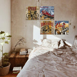Canvas Wall Art Black Bicycle Wall Decor Boy's Room Retro Propeller Aircraft Pictures Artwork 12x12 Inch x 4 Panels Vintage Peeling Paint Glider Photos Modern Home Decoration Stretched and Framed