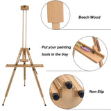 T-SIGN Wood Painting Easel Stand, Portable Art Floor Tripod Beech Easel, Foldable Design, Adjustable Height 36.5 to 75.5 Inches, Adjustable Large Tray for Painting, Sketching, Display
