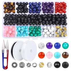 400 Pcs Chakra Beads 8 mm Lava Stone Beads, YBLNTEK Volcanic Gemstone Beads Spacer Beads with 1 Beading Scissors and 2 Roll Elastic Stretch String for Essential Oil Bracelet Jewelry Making