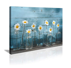 1 Panel Vintage Flower Canvas Wall Art for Home Office bathroom Decoration Modern Floral Canvas Artwork Daisy Flower Vase Picture Giclee Print on Canvas Blue wooden board Art Ready to Hang