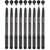 Professional Black Fineliner Pens, Ink Drawing Pens - Set of 9 Waterproof Micro-line Pen for Manga, Outline, Illustration, Drafting, Sketching, Hand Lettering