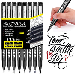 Hand Lettering Pens, Calligraphy Pens, 8 Size Black Ink Permanent Brush Markers Set for Beginners, Artist Sketch, Journaling, Art Drawing, Writing, Signature, Illustrations and Office School Supplies