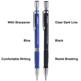 Bememo 2 Pieces Mechanical Pencils 2.0 mm 2B with 2 Case Lead Refills and 2 Pieces Erasers for Draft Drawing, Carpenter, Crafting, Art Sketching (Blue and Black)