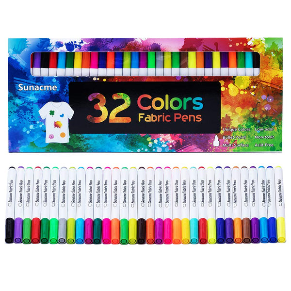 Fabric Markers Pen 32 Colors Permanent Fabric Paint Pens Art Markers Set - Fine Tip Child Safe & Non- Toxic for Canvas Bags T-shirts Sneakers