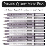 Precision Micro-Line Pens, 10 Size Black Micro-Pen Fineliner Ink Pen, Waterproof Archival ink Calligraphy Pens for Artist Illustration, Sketching, Technical Drawing, Brush Lettering