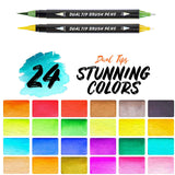 Watercolor Paint Brush Pen, 24 Vibrant Colors Dual Tips Real Brush Pens with 2 Water Blending Brushes and 1 Bonus Zipper Bag, Paint Markers for Drawing, Coloring for Artists and Beginner Painters