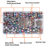 Willan 300pcs Multi Color Acrylic Round Loose Beads Ink Patterns Resin Beads, 85pcs Spacer Beads Diverse Pendant with 2 Roll Crystal String for Bracelets Jewelry Making