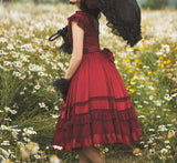 French Solid Elegant Court Lolita Dress Short Sleeve Ruffled Big Swing Dresss (S, MIQ007-2)