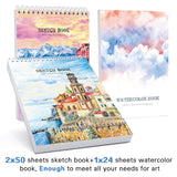 102 Piece Deluxe Art Creativity Set- 2 x 50 Page Sketch Book, 1 x 24 Page Watercolor Pad, Art Supplies in Portable Wooden Case- Oil Pastels, Colored Pencils, Watercolor Cakes, Sharpener-Deluxe Art Set