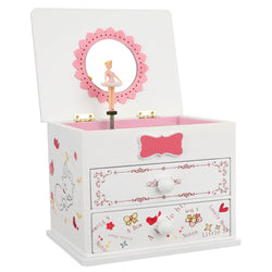SONGMICS Ballerina Music Jewelry Box Wooden Storage Case for Little Girls, Cartoon Cat, Fur Elise Melody, White UJMC22WT