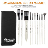 Artify 2020 New 10 Pcs Paint Brush Set Includes a Carrying Case Perfect for Acrylic, Oil, Watercolor and Gouache Painting
