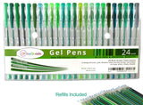 OfficeGoods Green Gel Pen Set - 24 Premium Colors with a Full Set of Refills Included. Perfect for Nature, Trees, Birds, Landscape & Animal Scenes - with 40 Percent MORE Ink.