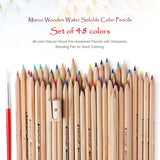 Marco Wooden Colored Pencils,48-Color Natural Wood Pre-sharpened Pencils with Sharpener, Blending Pen for Adult Coloring