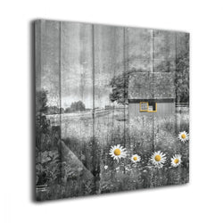 Okoart Canvas Wall Art Prints Rustic Farmhouse Country Barn Landscape Daisy Flowers Yellow Gray Photo Paintings Contemporary Decorative Artwork for Living Room Wall Decor and Home Decor
