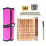 Rayauto 18 Pieces Pen Charcoal Sketch Set Sketching Pencil Set of Pencils Eraser Craft Pencil Extender Roll up Canvas Carry Pouch Pro Art Supply for Beginners Artist