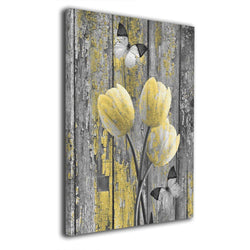 Ale-art Yellow Rustic Tulip Flowers Butterfly Modern Oil Painting for Wall Decor Gallery Wrapped Giclee Canvas Print Wall Art On Canvas Ready to Hang 16"x20"