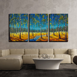 wall26 - 3 Piece Canvas Wall Art - Original Oil Painting of River in a Birch Grove on Canvas - Modern Home Decor Stretched and Framed Ready to Hang - 24"x36"x3 Panels