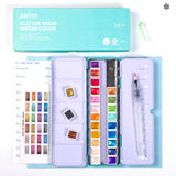 Artsy Artist Grade Watercolor Paint Set - 24 Glitter Colors and Water Brush in A Metal Case with Palette Perfect for Artists, Hobbyists, Students - Great Christmas Gift Idea