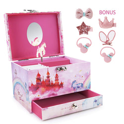 Abody Girl's Musical Jewelry Storage Box, Music Jewelry Box with Spinning Horse, Pullout Drawer and Ring Slots, Includes Bonus 4 Clips and 2 Hair Bows, Pink Castle Design
