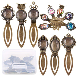 Swpeet 12Pcs 6 Styles Antique Bronze Bookmark Pendant Tray Kit, Including 6Pcs Assorted Styles Bookmark Pendant Tray with 7Pcs Glass Cabochon for Bracelet Necklace DIY Jewelry Making