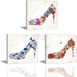Abstract High Heels Canvas Wall Art, Romantic Red Indigo Colorful Multi Flowers Design Painting, Fashion Woman Shoes Shop Picture, 3 Pieces Lady Collection Home Decor (Ready to Hang, Waterproof)