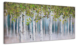 Green White Birch Painting Wall Art Green Tree Forest Canvas Picture Decoration for Living Room Large Modern Abstract Hand Painted Artwork Hang in Bedroom Office Home Decor