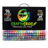 Crafty Croc Gel Pens for Adult Coloring Books - Refillable Ink Gel Pen Set with Case - Includes 96 Artist Quality Coloring Pens: Glitter, Metallic, Pastel (1 White), Neon - Soft Comfort Grips