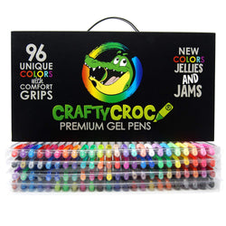 Crafty Croc Gel Pens for Adult Coloring Books - Refillable Ink Gel Pen Set with Case - Includes 96 Artist Quality Coloring Pens: Glitter, Metallic, Pastel (1 White), Neon - Soft Comfort Grips
