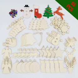 Huoety Unfinished Wooden Ornament Kit, Natural Wood, 65 Pieces Christmas Wood Slices 60 PCS Colorful Bells 60 Twines for DIY, Christmas Hanging Decoration